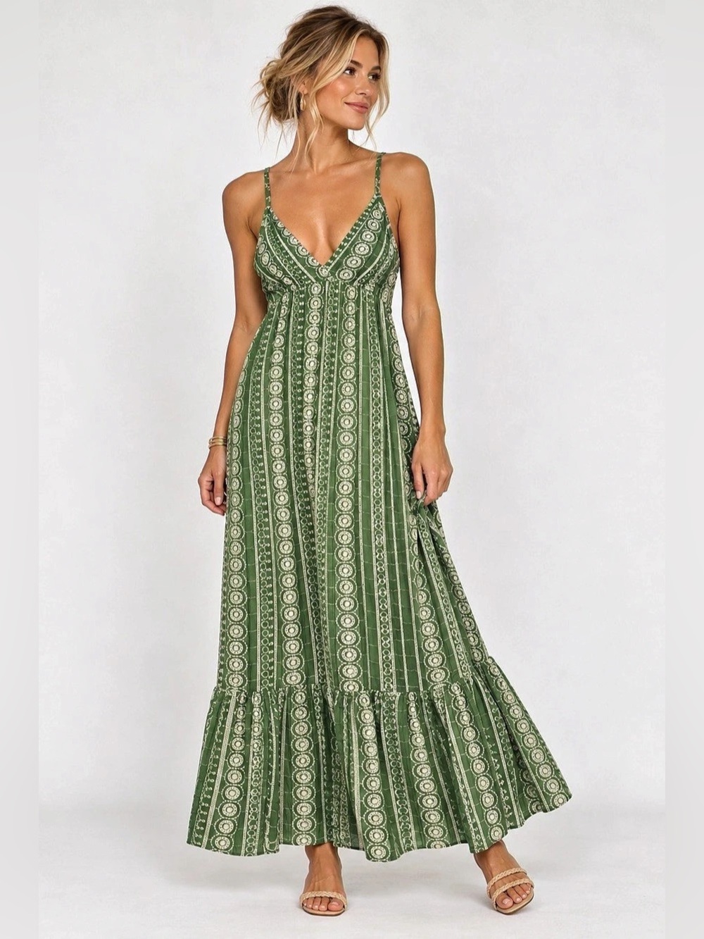 Zara Green Printed Maxi Dress Like New